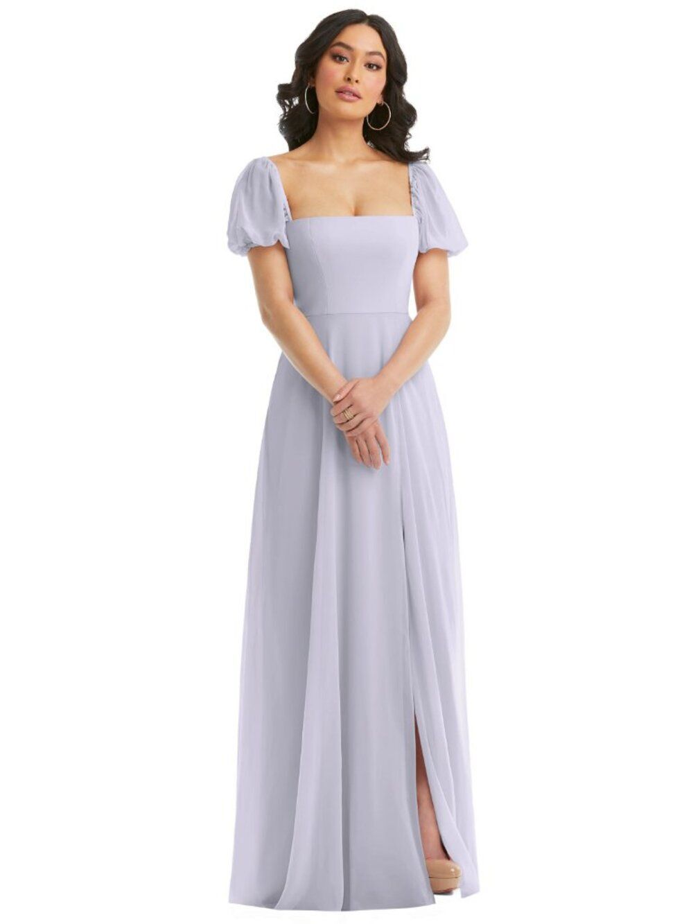 Dessy Blue/Gray Long Chiffon Bridesmaid Formal Dress Squar Neck Puff Sleeve Slit